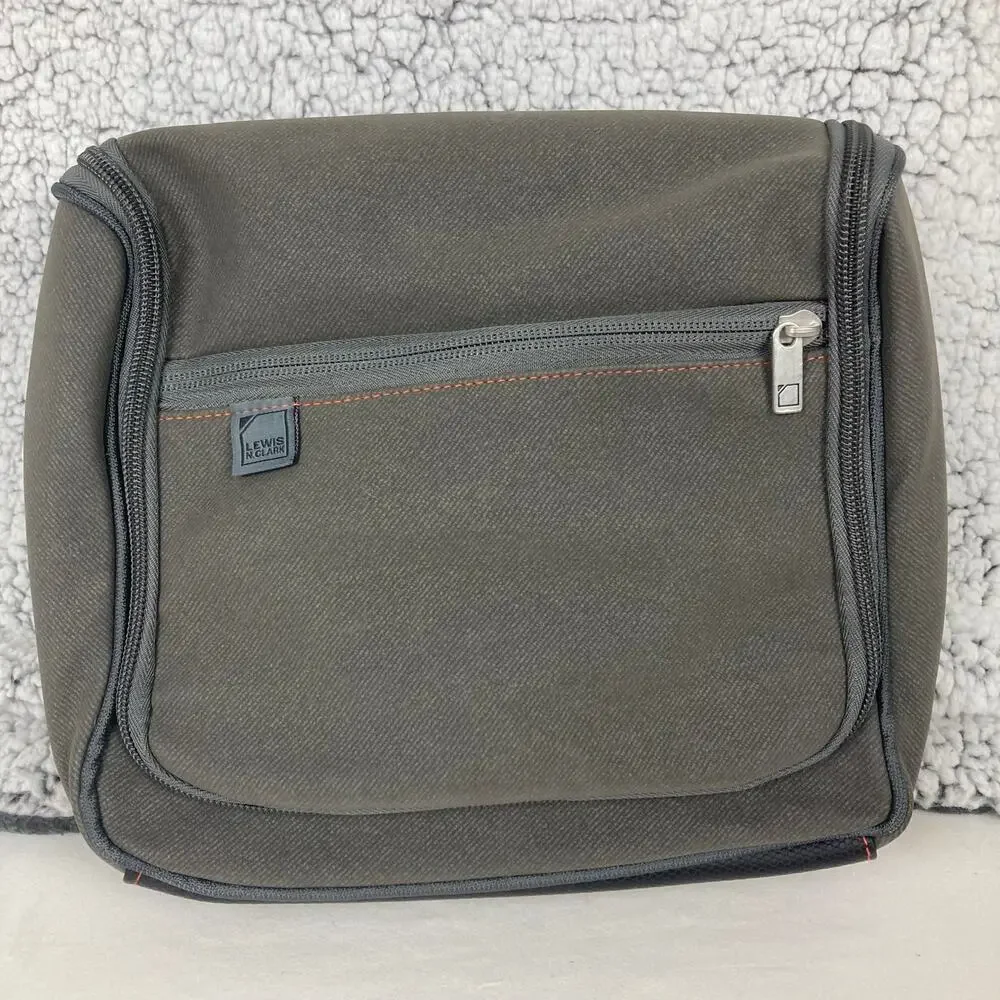 Lewis N Clark Toiletry Bag Gray Orange Trim Handle Travel Hang Mesh Pocket 9x9